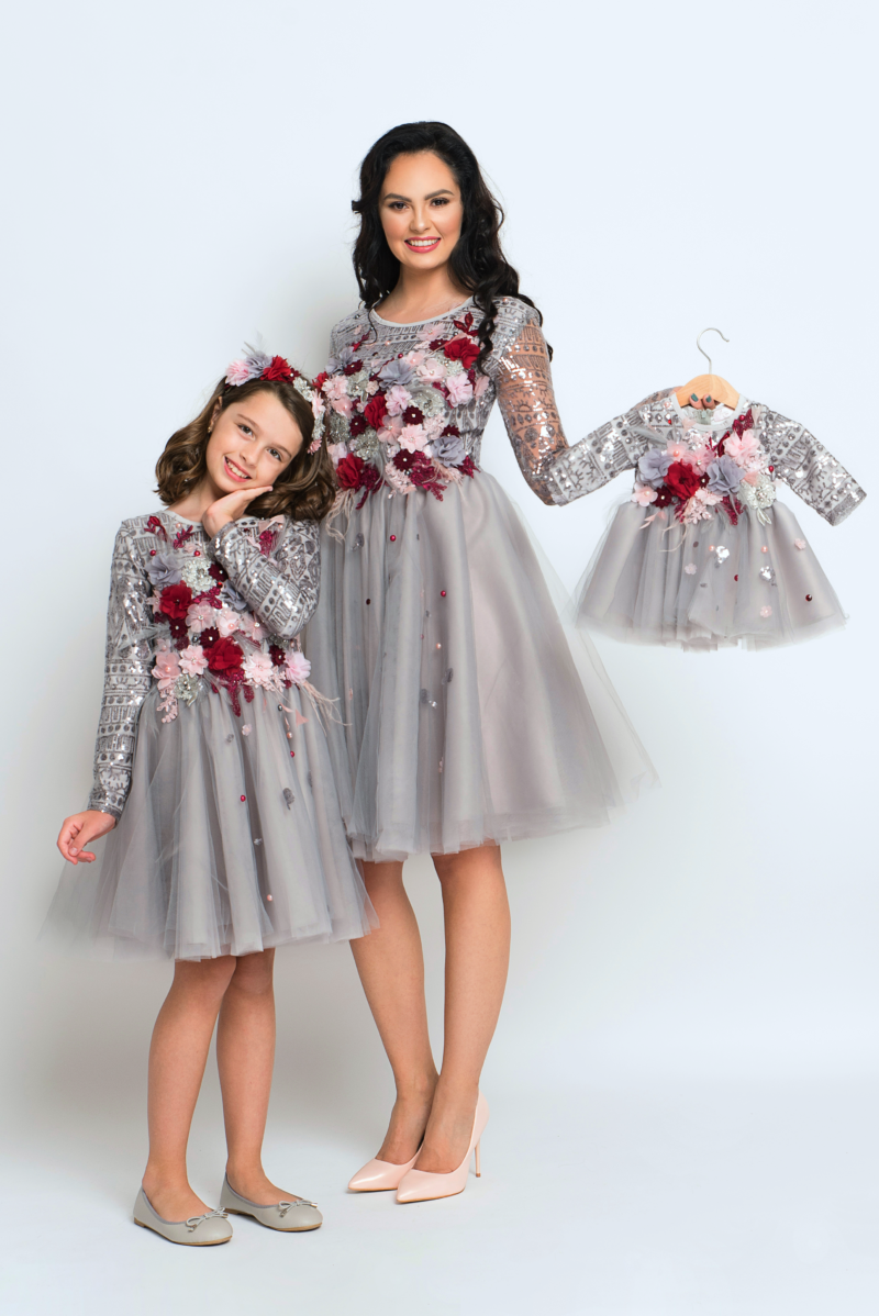 Mother Daughter Matching Grey Sequin Dresses - Hira Design