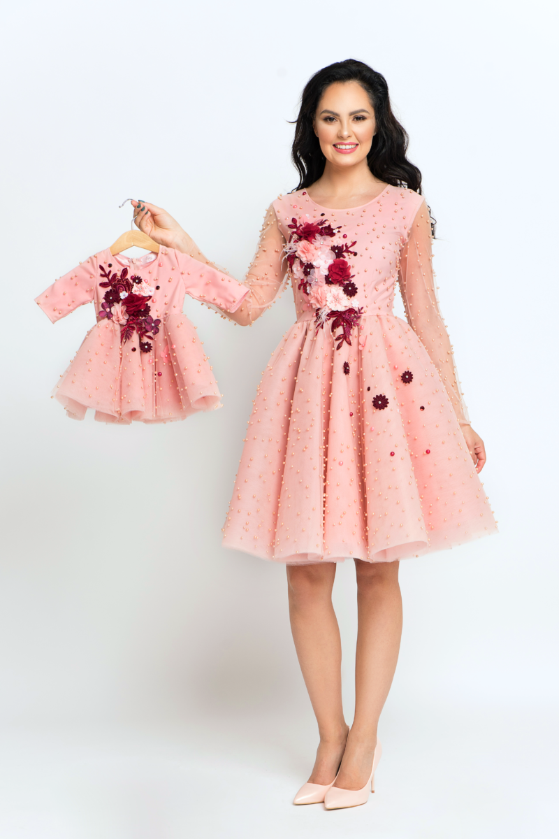 Mother Daughter Matching Peach Pearl Dresses - Hira Design Mother Daughter Matching Peach Pearl Dresses - Hira Design